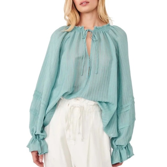 NEW FREE PEOPLE Blue/Green Split Neck Textured Long Sleeve Blouse NWT - Picture 3 of 10